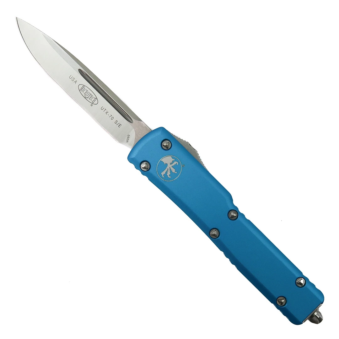 Microtech Turquoise Contoured UTX-70 OTF Auto Knife, Satin Drop Blade 3 Microtech Turquoise Contoured UTX-70 OTF Auto Knife, Satin Drop Blade