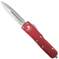 Microtech Red UTX-85 OTF Auto Knife, Stonewash Serrated Dagger Blade