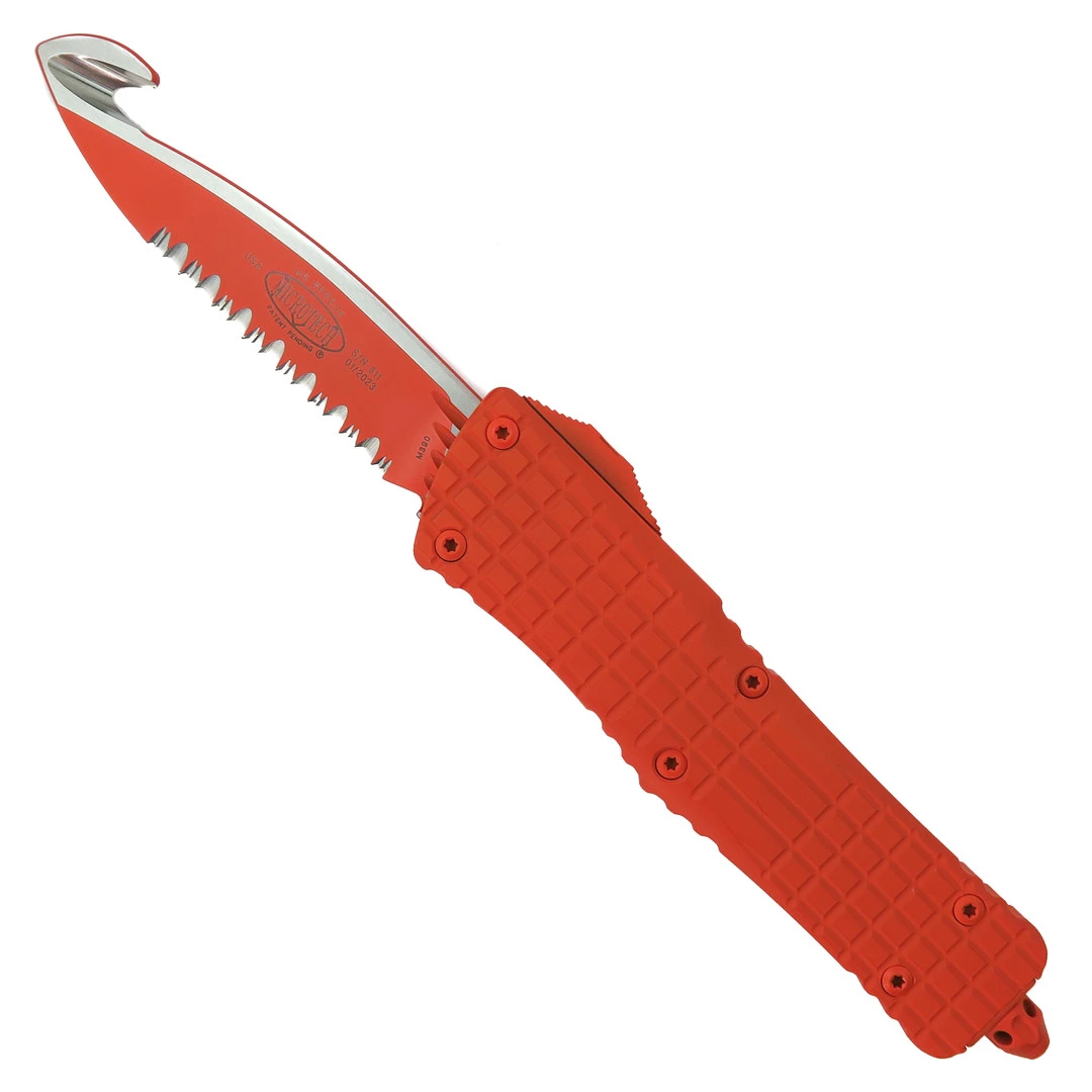 Microtech Orange Cerakote Frag Pattern Rescue Combat Troodon, Rescue Serrated Blade 3 Microtech Orange Cerakote Frag Pattern Rescue Combat Troodon, Rescue Serrated Blade