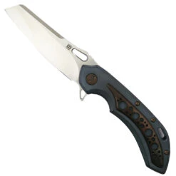 Olamic Cutlery Blue Wash Entropic Antique Titanium Inlay Wayfarer 247 Knife, Satin Sheepscliffe Blade
